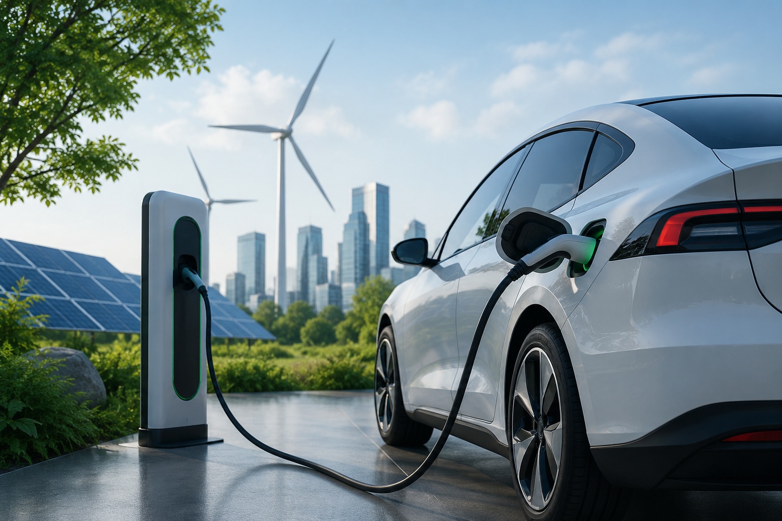 Ruka připojuje nabíjecí kabel k elektromobilu